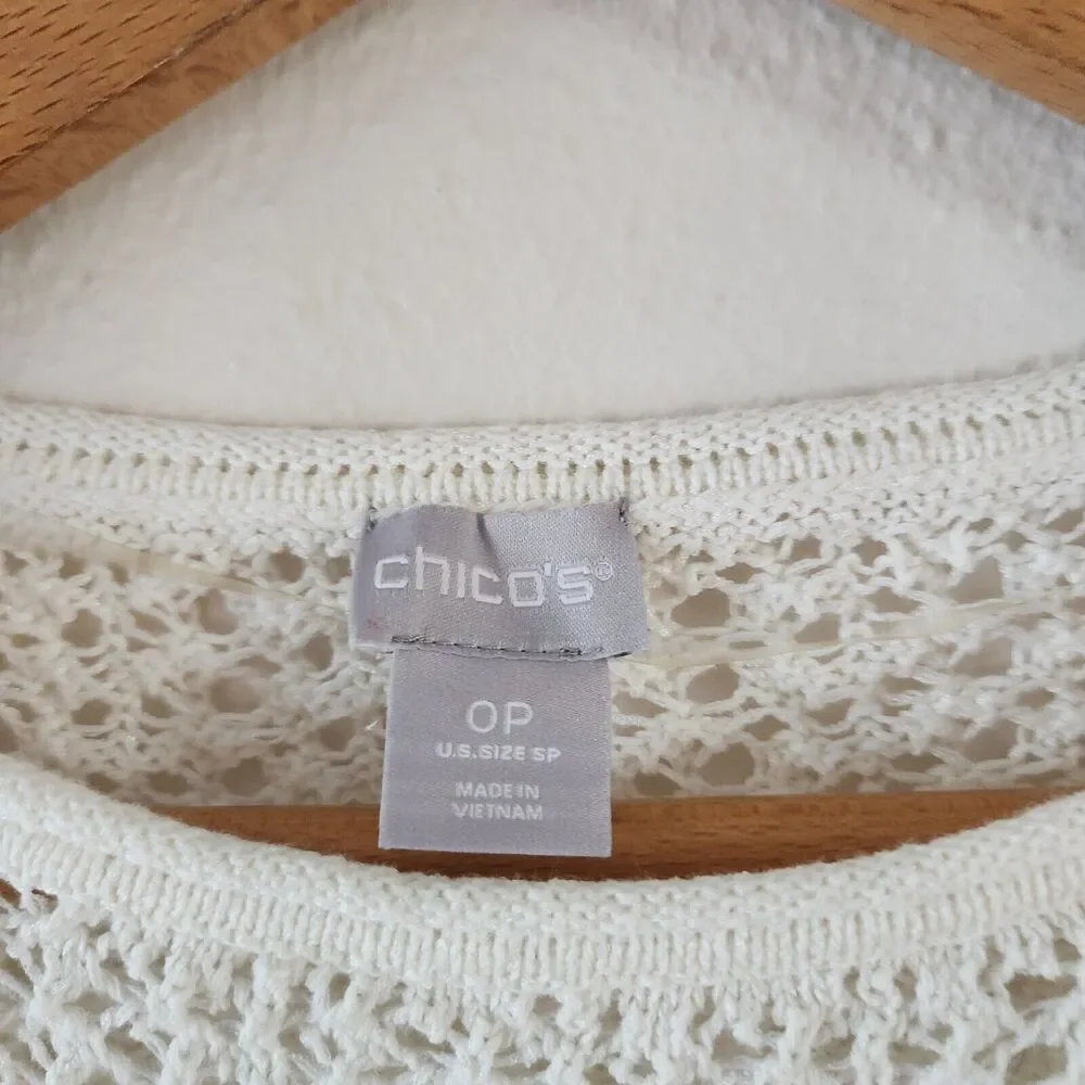 Chico’s Open Stitch Pullover White Sweater Sz SP Long Sleeve Lightweight Crochet